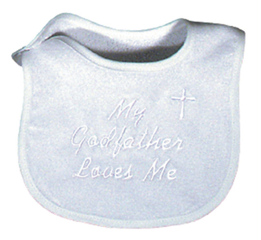 R6145F "My Godfather Loves Me" White Embroidered Bib