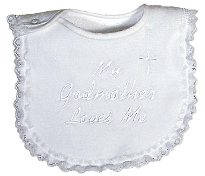 R6147M "My Godmother Loves Me" White Embroidered Lace Bib