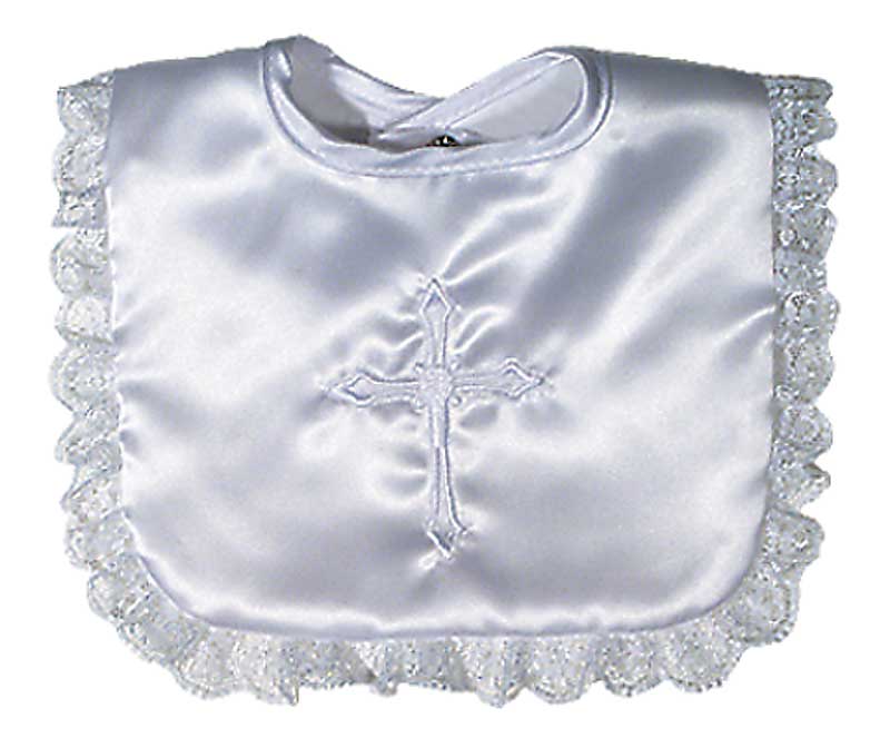 R7350L Cross Christening Embroidered White Satin Lace Bib