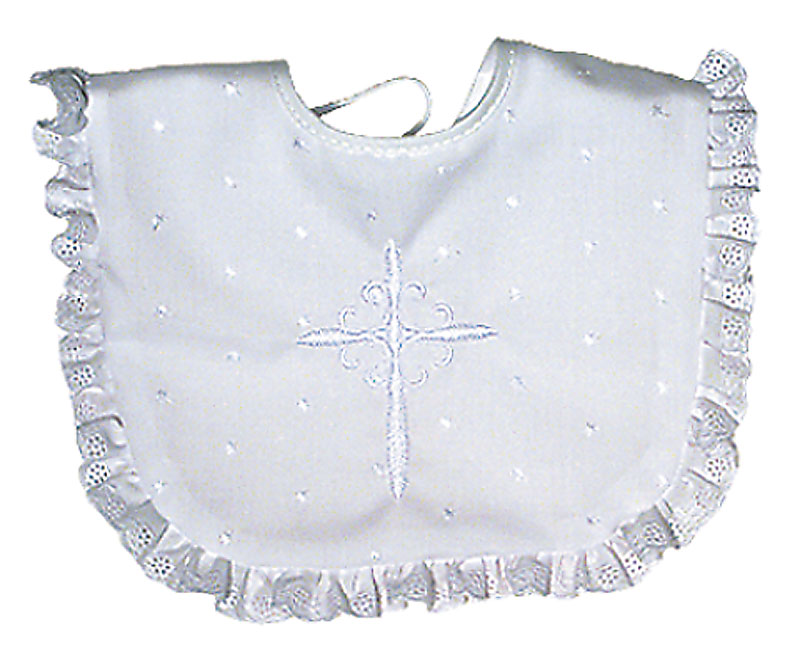 #7700  White Cotton Embroidered Cross Pink Dot Bib