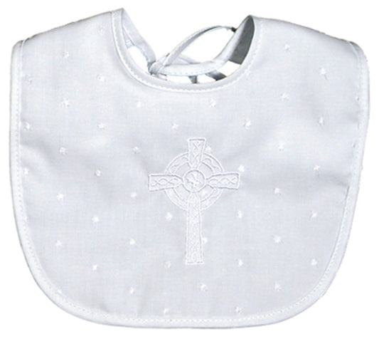 #7800 White Cotton Embroidered Celtic Cross Pink Dot Bib