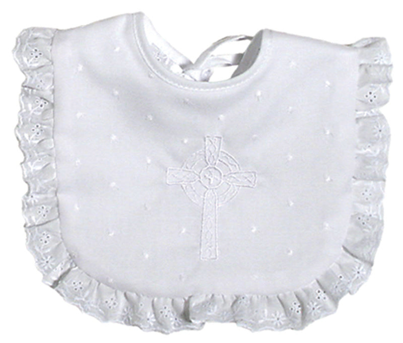 #7800 White Cotton Embroidered Celtic Cross Pink Dot Bib