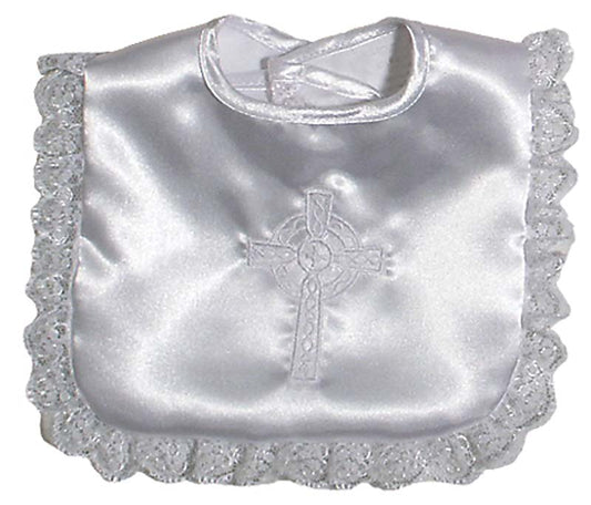 R7950L Celtic Cross Christening Embroidered White Satin Lace Bib