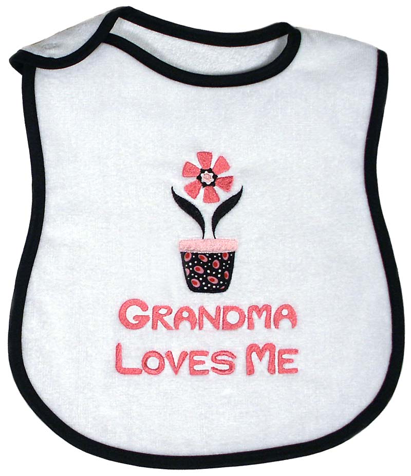 #A66931 "Grandma, Grandpa Loves Me" Appliqued and Embroidered Girl Bib